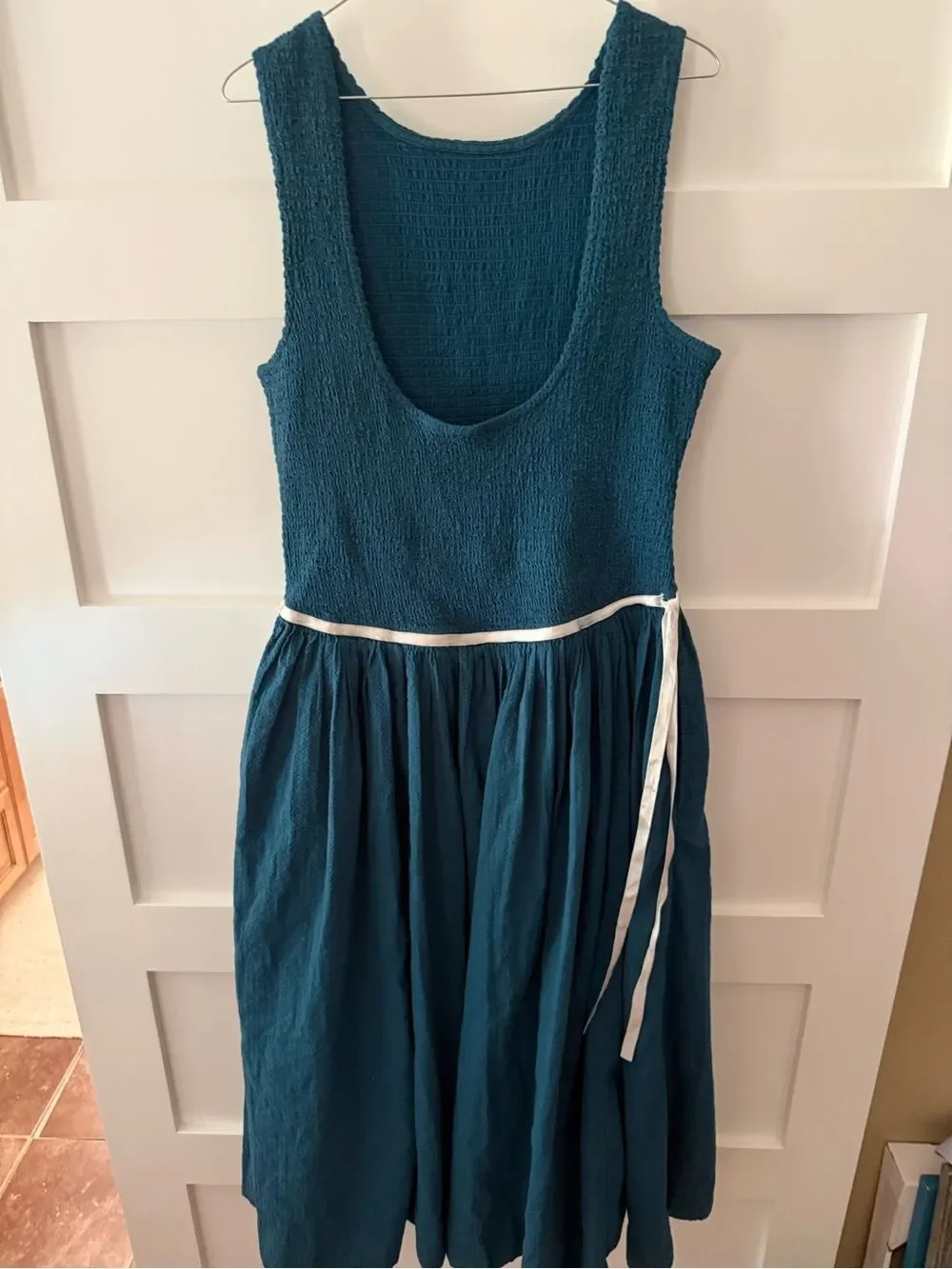 Free People Nightingale Seersucker Teal Sleeveless Boho Midi Dress Scoop Back